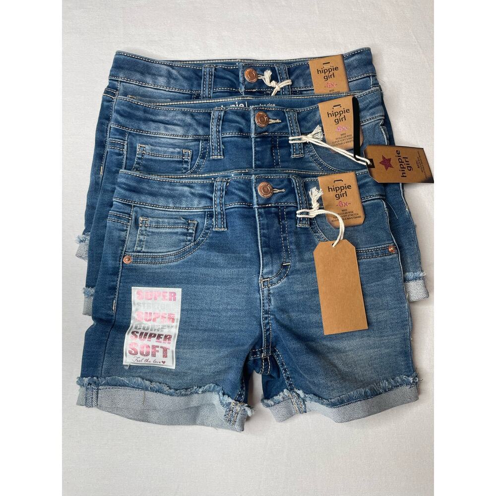 Lot of 3 Hippie Girl Flat Front Stretch Mid Rise Shorts Pockets Size 6X Blue NWT